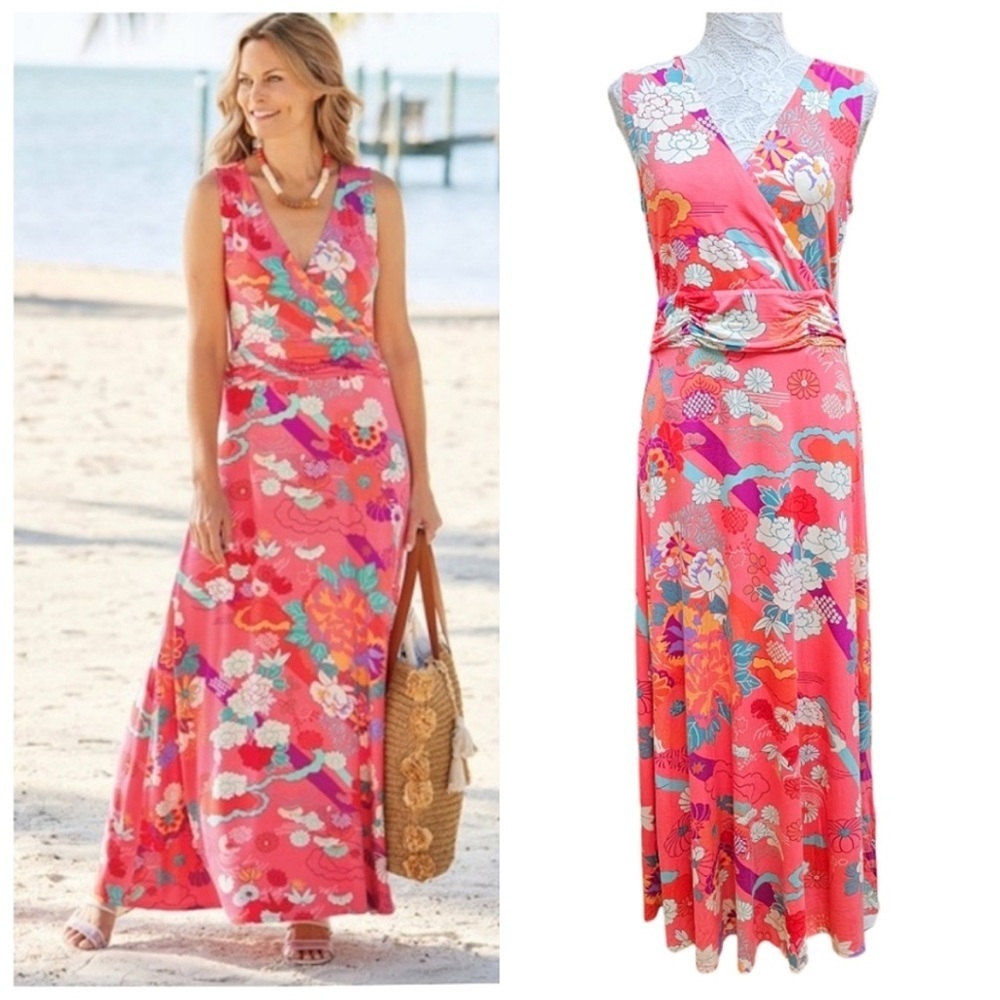 Soft Surroundings Posie Floral Print Soft Stretch Jersey Knit Maxi Dress M NWT